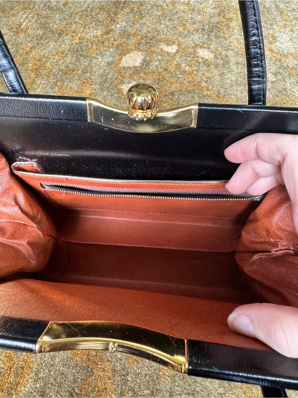 Vintage Classic Black Leather Top-Handle Handbag with Gold Trim Made in Canada